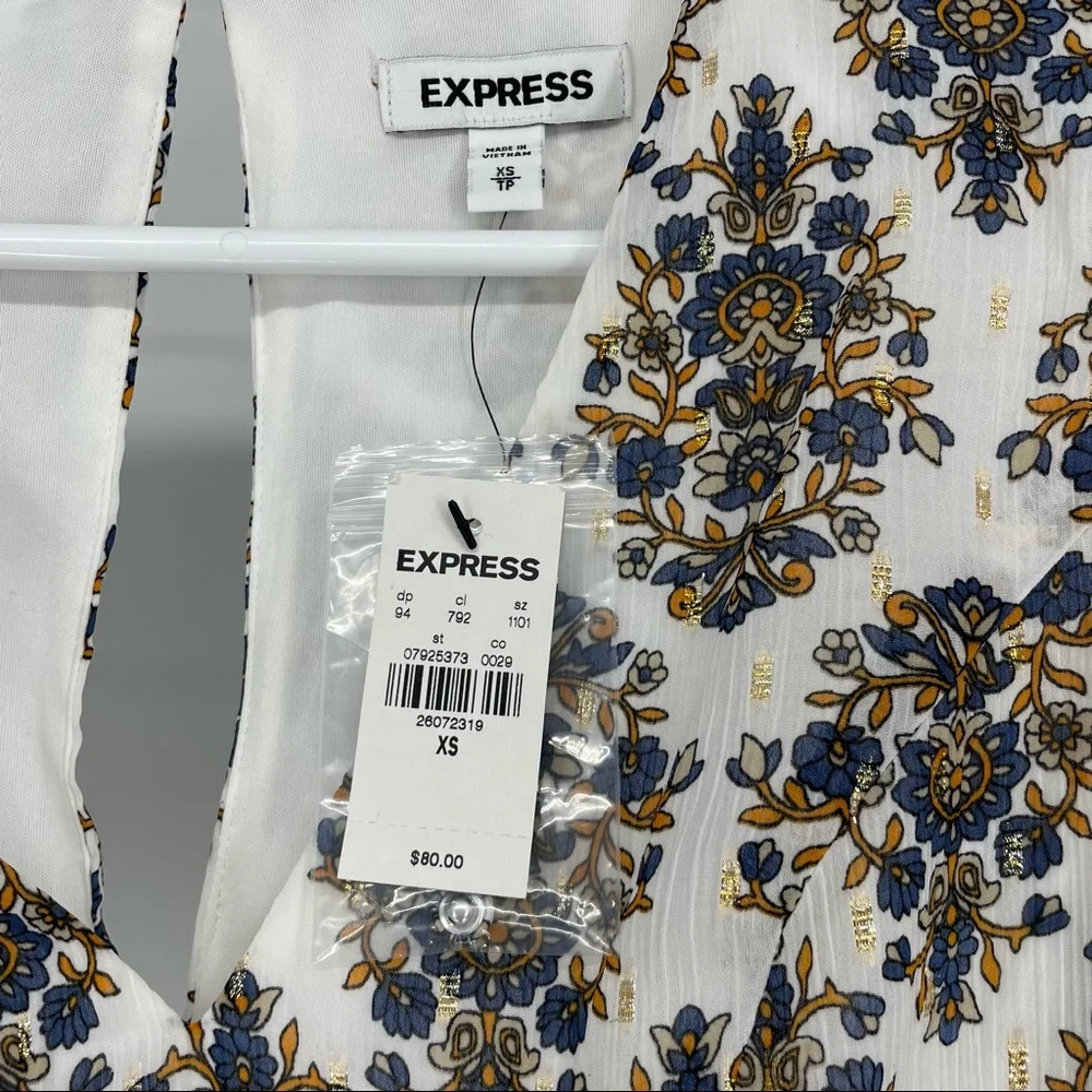 EXPRESS NWT PAISLEY PUFF SLEEVE FIT AND FLARE DRESS WHITE GOLD BLUE XS - Picture 7 of 9